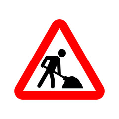 Under construction warning sign. Vector stickman shoveling in red rectangle. 