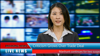 Asian American anchorwoman with lower thirds