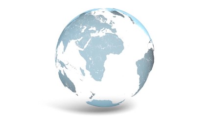 A stylized seamless looping animation of just the continents of the Earth in blue rotating on a white background.