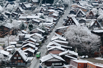 Shirakawa village in late november autumn to winter season