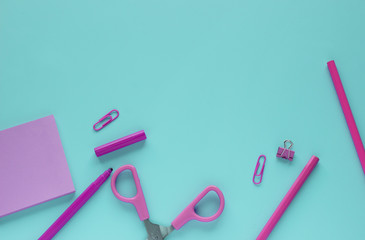School or office pink supplies on green background. Back to school concept, flat lay