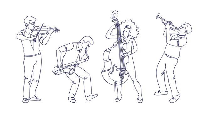 Jazz musicians illustration in continuous single line drawing style. Dynamic and minimalistic design. Isolated characters playing music. 