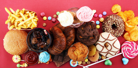 Unhealthy products. food bad for figure, skin, heart and teeth.