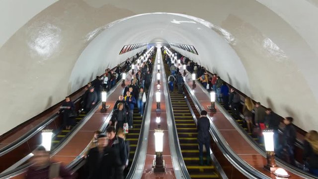 Russia, Moscow, Escalator leading into the world's deepest  Metro system - Time lapse 