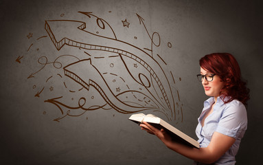 Casual young woman holding book with brown arrows and stars flying out of it