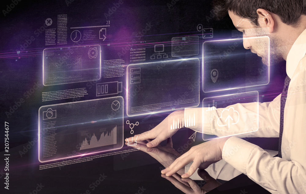 Poster male hands touching interactive table with purple cloudspace graphic on it