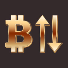 Bitcoin golden sign and arrows up and down