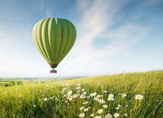 Fototapeta premium Air ballon above field with flowers at the summer time. Concept and idea of adventure