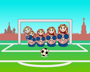 Russian nesting doll (matryoshka) play football. Vector illustration. 