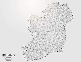 A map of Ireland consisting of 3D triangles, lines, points, and connections. Vector illustration of the EPS 10.
