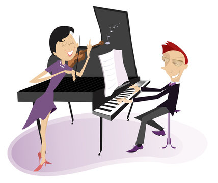 Couple musicians play music on violin and piano isolated illustration. Duet of violinist woman and pianist man isolated illustration
