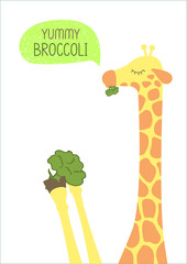 Fototapeta premium Yummy broccoli. Sweet giraffe eats cabbage on white background. Vector illustration encouraging children to eat vegetables.