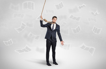 Young burnout businessman with flying documents concept