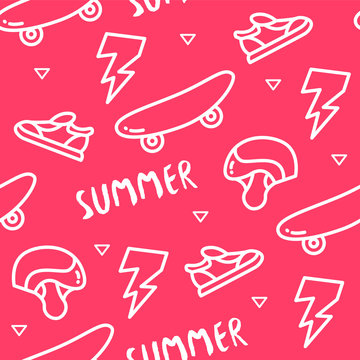 Seamless pattern with skateboard, helmet, sneakers, lightning and text on red background. Ornament for textile and wrapping. Vector.