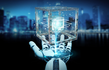 White robot hand creating future technology structure 3D rendering