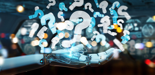 White robot hand using digital question marks 3D rendering