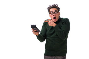 Fototapeta premium Nerd young man with calculator isolated on white