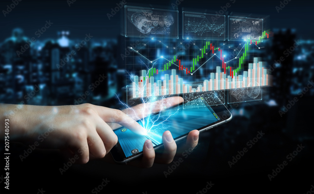 Poster Businessman using 3D rendering stock exchange datas and charts