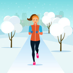 Running in winter city park. Woman runner outside jogging in park. Vector flat illustration