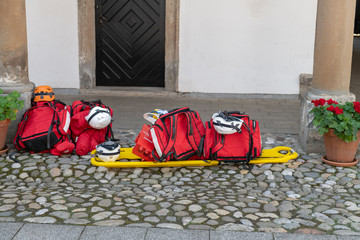 Paramedics rescue gear and first aid backpack