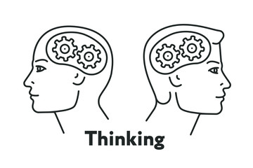 Creative Thinking Idea Human Head Brain Face Cogwheel. Minimal Color Flat Line Outline Stroke Icon.