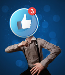 Casual businessman holding round sign with facebook like 