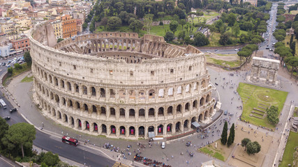 Aerial view of the Colosseum, known as Amphitheatrum Flavium, symbol of the city of Rome, of Italy...