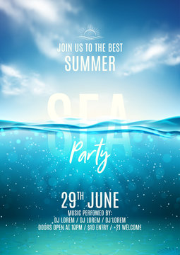Summer sea party poster template. Vector illustration with deep underwater ocean scene. Background with realistic clouds and marine horizon. Invitation to nightclub.