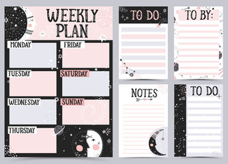 Weekly and Daily Planner Template. Organizer and Schedule with Notes and To Do List. Vector illustration.