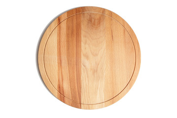 Round wooden beech cutting board, isolated