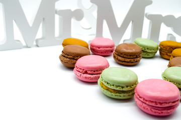 macarons mr & mrs sign, marriage macarons as heart, isolated on white background