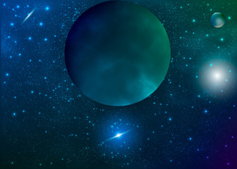 Naklejka na ściany i meble Galaxy background with nebula, planet and star cluster. Vector cosmic illustration.
