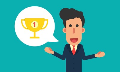 Businessman talk about trophy winner in speech bubble