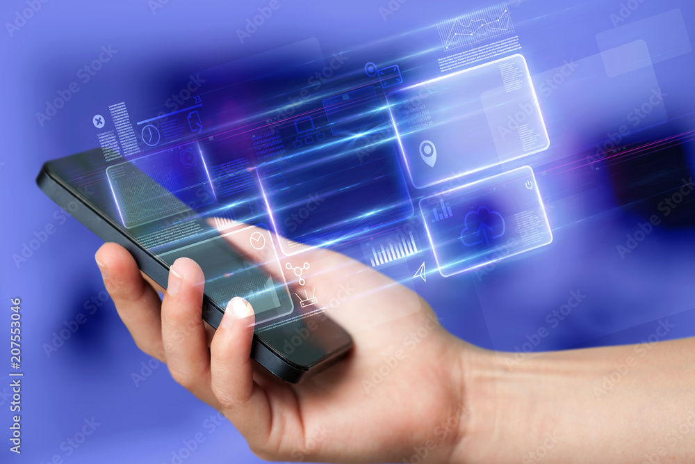 Poster hand using phone with database reports and online work concept