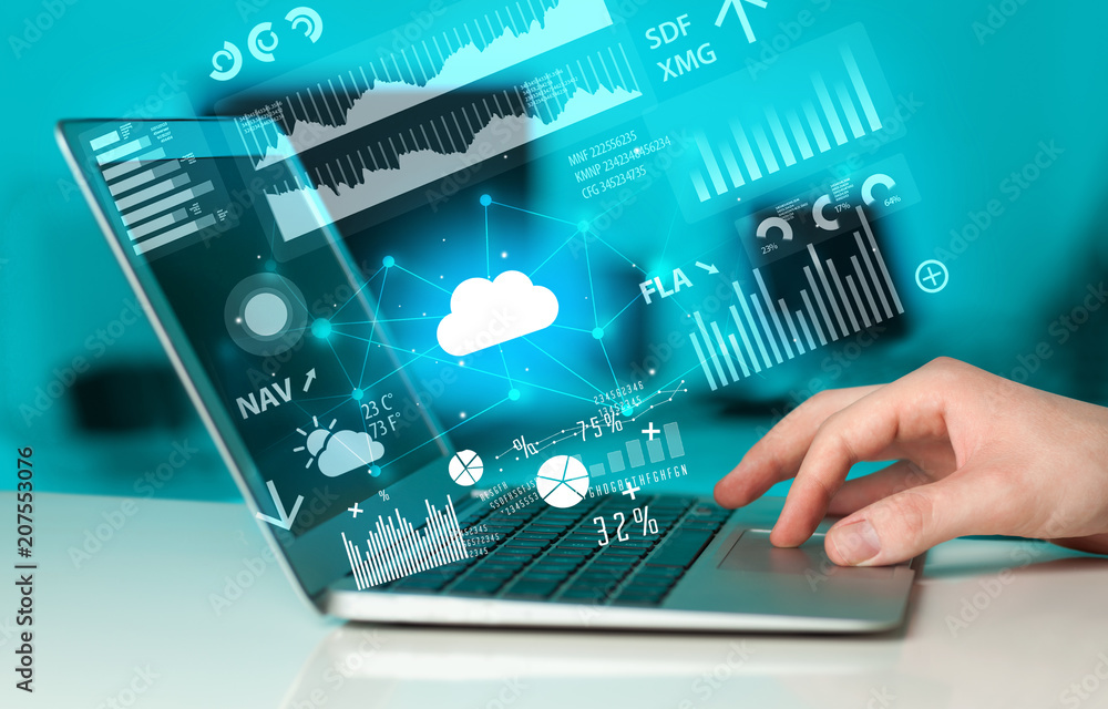Poster hand using laptop with cloud technology and linked information concept