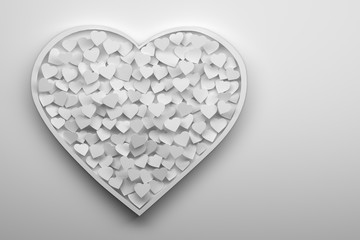 Big white heart filled with many small hearts on white background. Paper effect. 3d illustration.