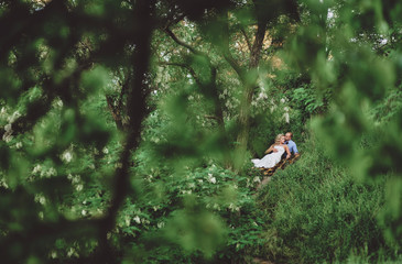 Lovely newlyweds are lying on a plaid in green grass. A stylish bridegroom embraces a beautiful bride with curly hair in a green grove. Wedding in the green foliage. Portrait.