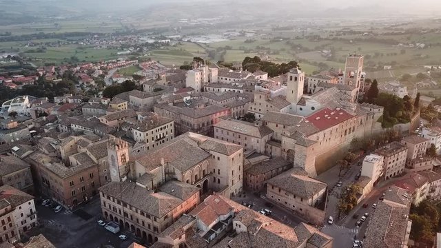 Aerial view of the municipality of Osimo, in the province of Ancona, in the Marche region, in Italy. The historic center with its walls, roofs, squares is a mountain tourist destination.