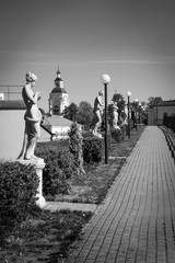 black and white photo. Avenue of Sculptures in the city of Vyborg 23,05,18 Russia