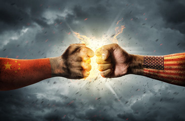 Obraz na płótnie Canvas Close up clash of two fists. Conflict Concept