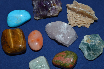 Minerals and precious stones on a blue background