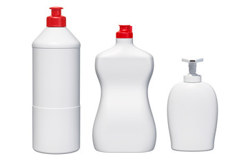 Mock-up plastic bottles. Detergent, cleaning products. 3D rendering