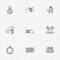 Football line icon set with football fan scarf, stopwatch and football fan hat