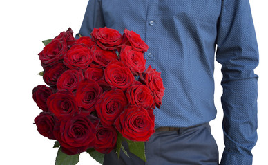A man holds a bouquet in his hand - 21 red roses. Isolated image