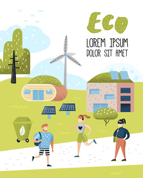 Green Town Poster. Environmental Conservation. Eco House Future Technologies For Preservation of the Planet. Alternative Energy Ecology Background. Vector illustration