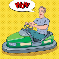Pop Art Excited Man Riding Bumber Car at Fun Fair. Guy in Dodgem at Amusement Park. Vector illustration