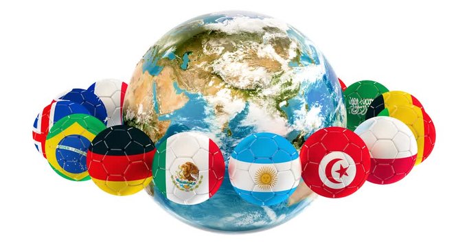 Soccer balls with flags around the Earth Globe animation concept, 3D rendering