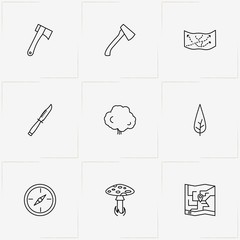 Forest line icon set with mushroom, knife and compass