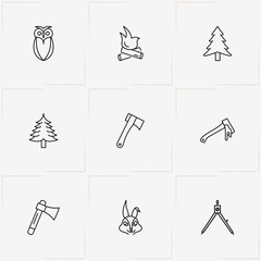 Forest line icon set with tree, compass and rabbit