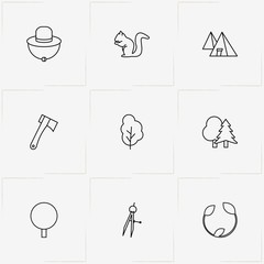 Forest line icon set with farmer hat, leaf and tree leaf